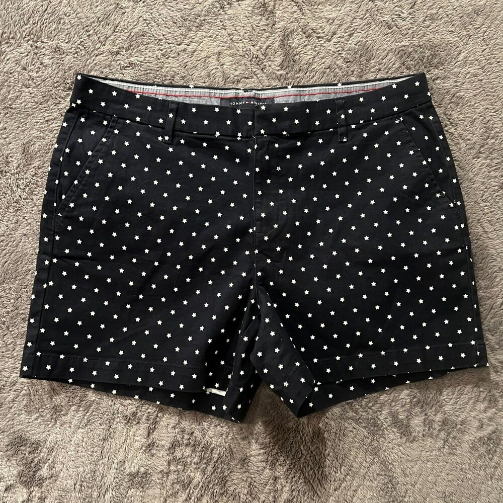 Tommy Hilfiger Shorts Womens 12 Black White Star Print Chino Stretch Cotton Prep